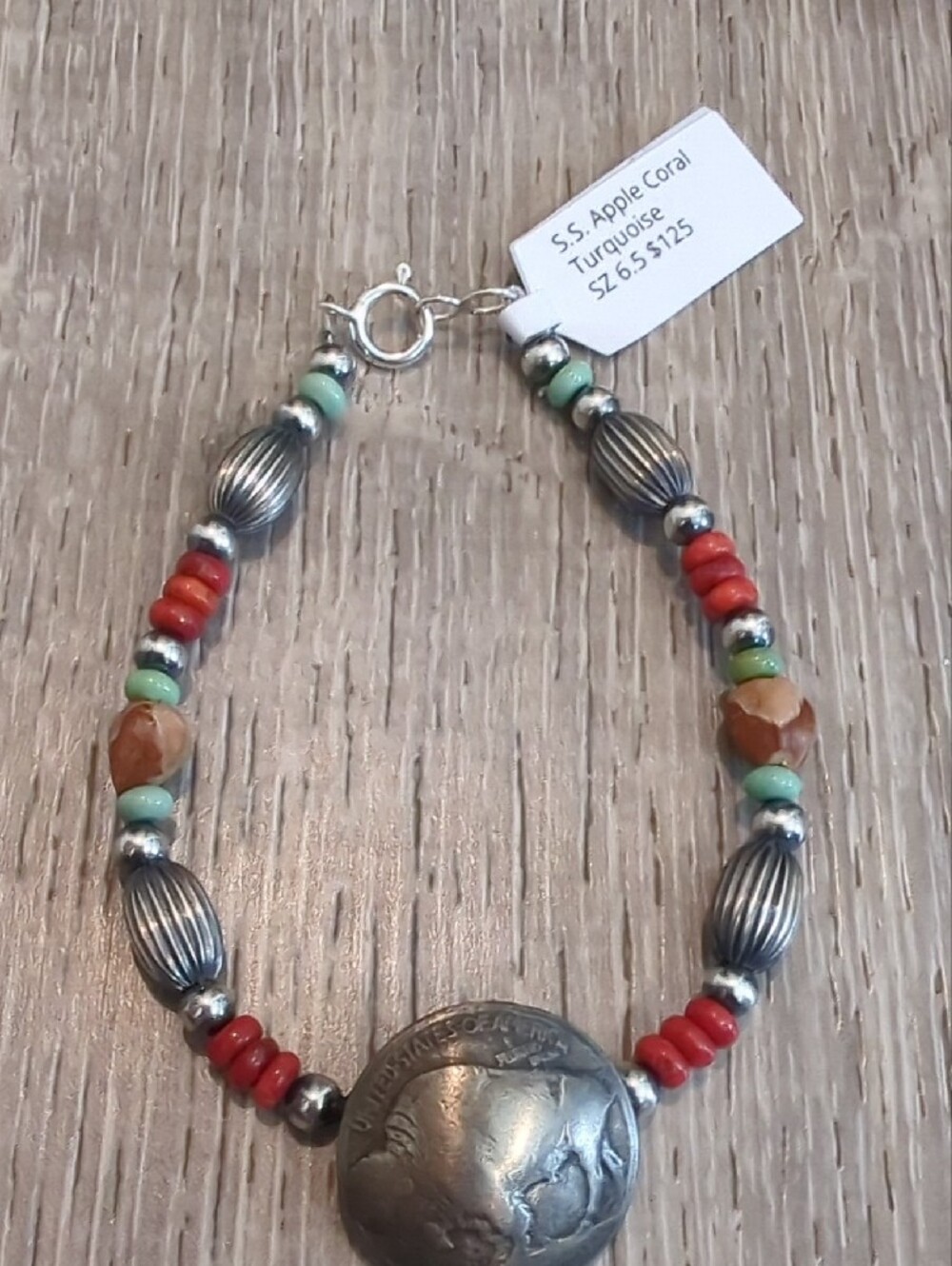 Navajo Handmade Buffalo Nickel Sterling Apple Coral Ghost Bead Bracelet - Picture 4 of 11